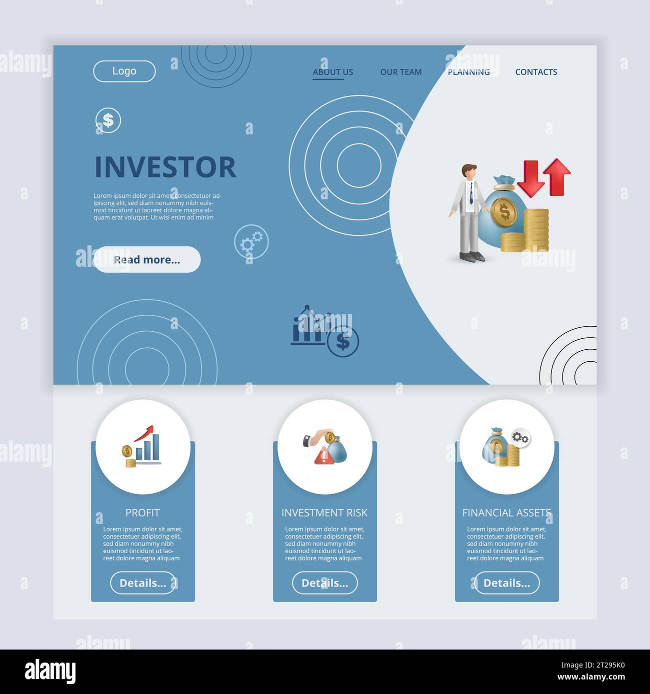 Investor flat landing page website template. Profit, investment risk ...