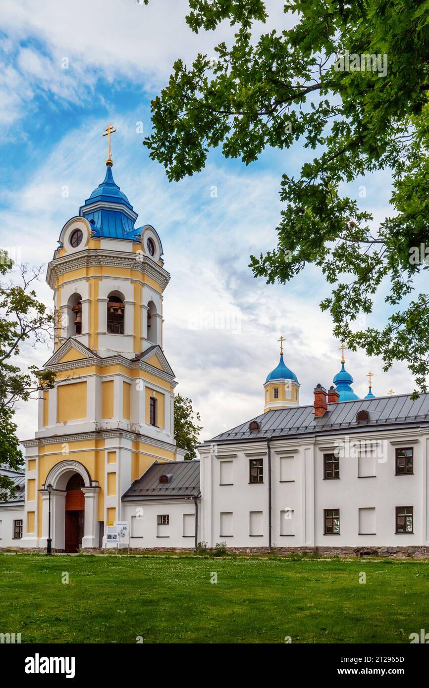 Konevsky monastery on the island of Konevets on Lake Ladoga - Russia. Bell tower above the entrance to the territory of the monastery. Stock Photo