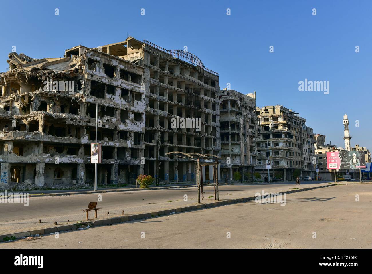 The frame of a block of bombed out buildings in Homs, Syria. The city resembled a Godzilla film set from the 1950s. December 2022 Stock Photo