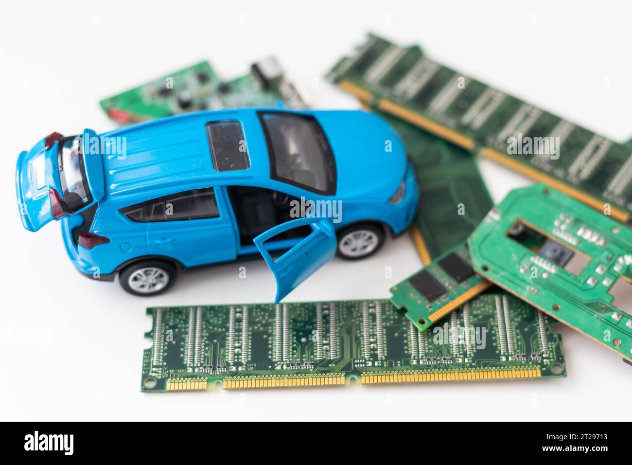 CPU chip and semiconductors with car. Microchip for cars. Computer