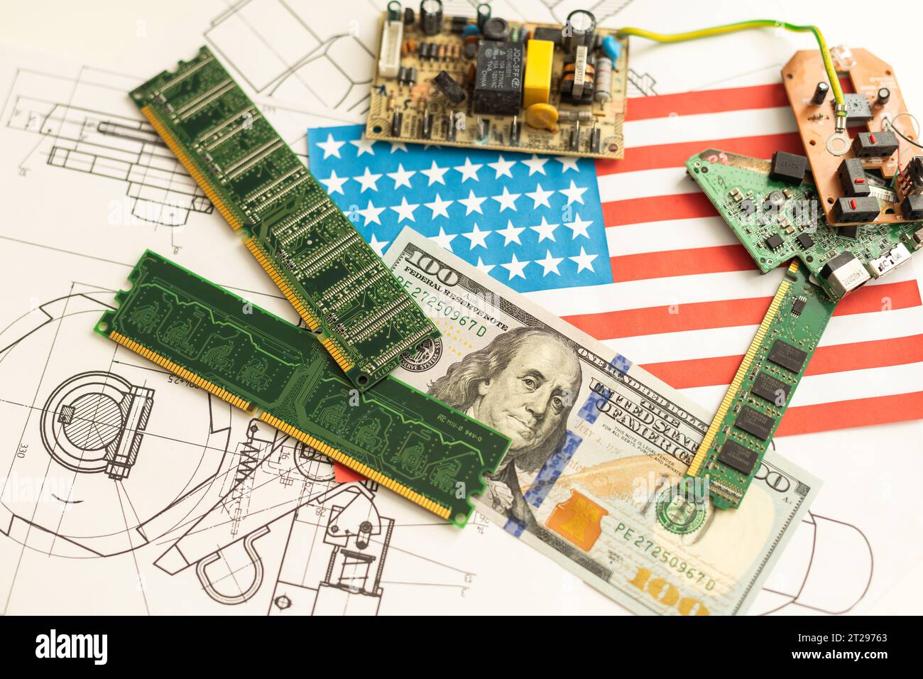 Printed circuit board with electronic chips and electronic scheme. Electronic documentation. Stock Photo