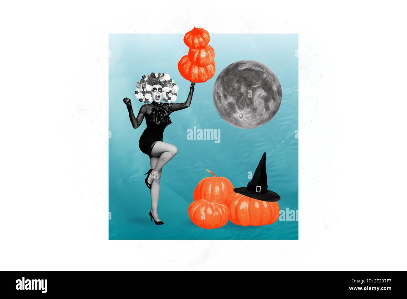 Creative poster collage of attractive funny dancing excited calavera catrina witch costume full moon pumpkins halloween party concept Stock Photo