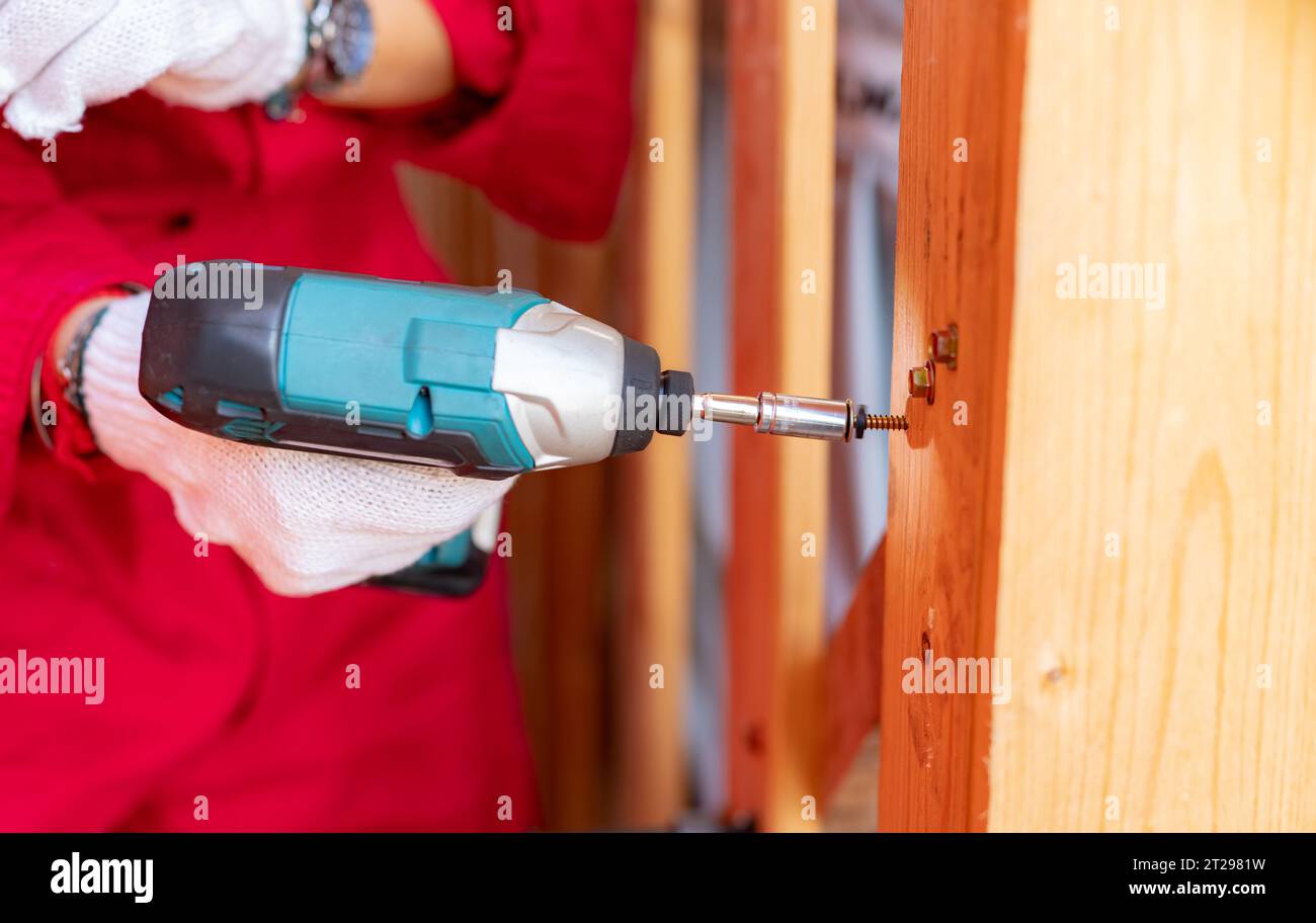 Carpenter and screwdriver hand tool. A skilled worker set to work