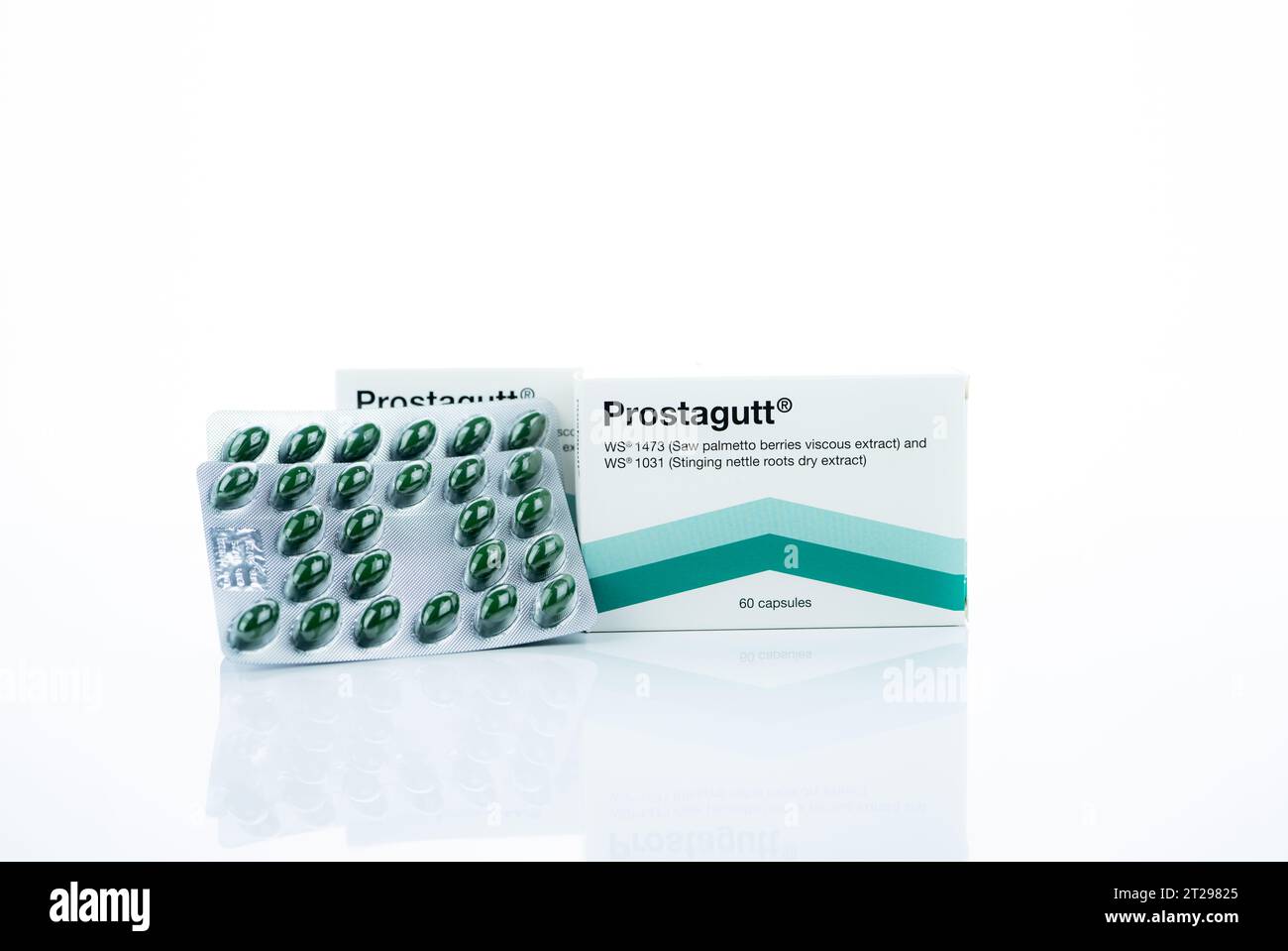 CHONBURI, THAILAND-OCTOBER 8, 2023: Prostagutt manufactured by Catalent Germany Eberbach GmbH. Saw Palmetto and Nettle extract capsule pill for Benign Stock Photo