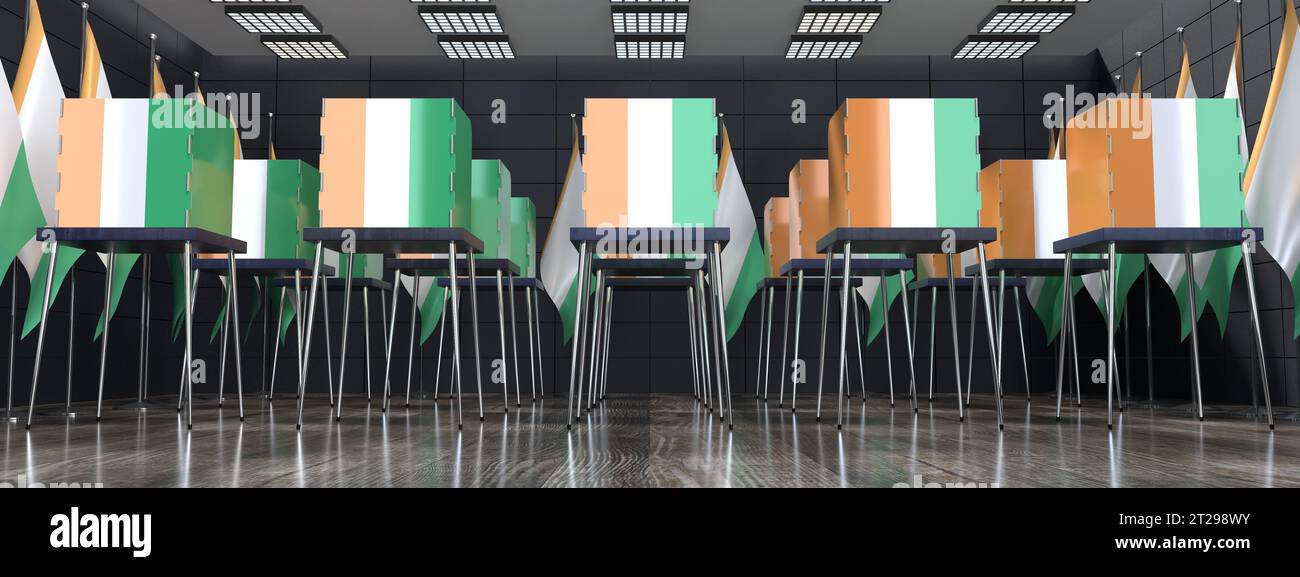 Ivory Coast - voting booths and national flags in polling station ...