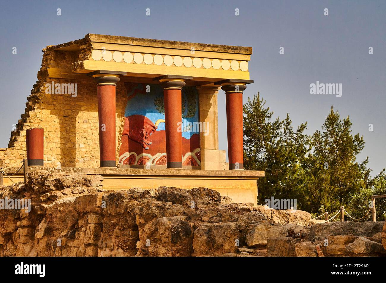 Minoan palace building, red columns, bull fresco, Palace of Knossos, Knossos, Heraklion Province, Crete, Greece Stock Photo