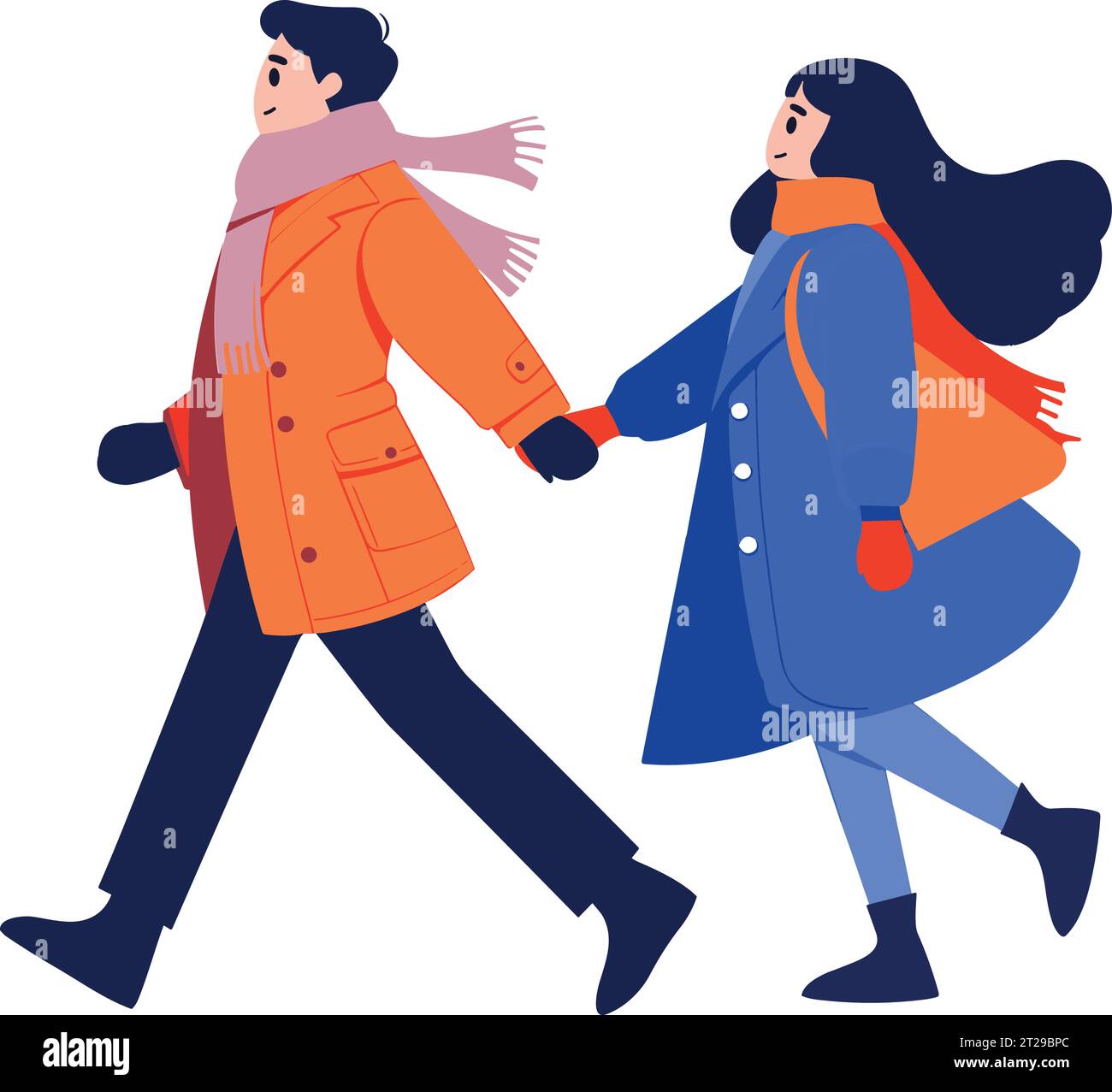 Hand Drawn couple wearing winter clothing walks on a path filled with ...