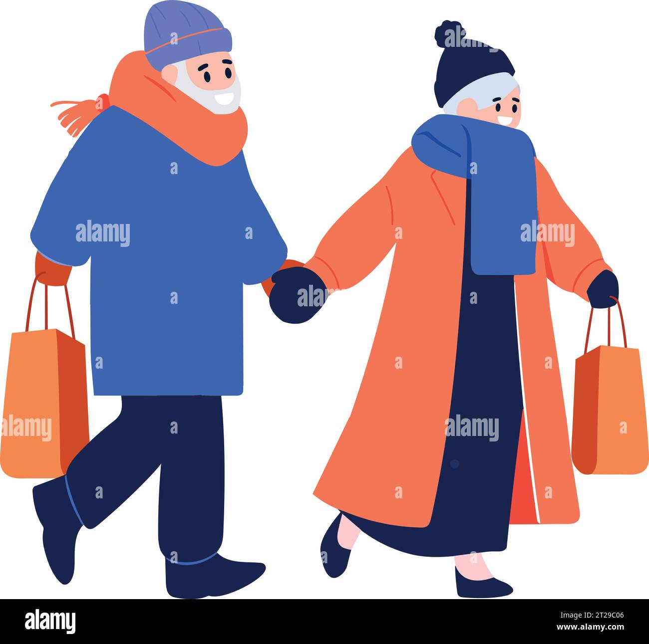 Hand Drawn couple wearing winter clothing walks on a path filled with snow in flat style isolated on background Stock Vector