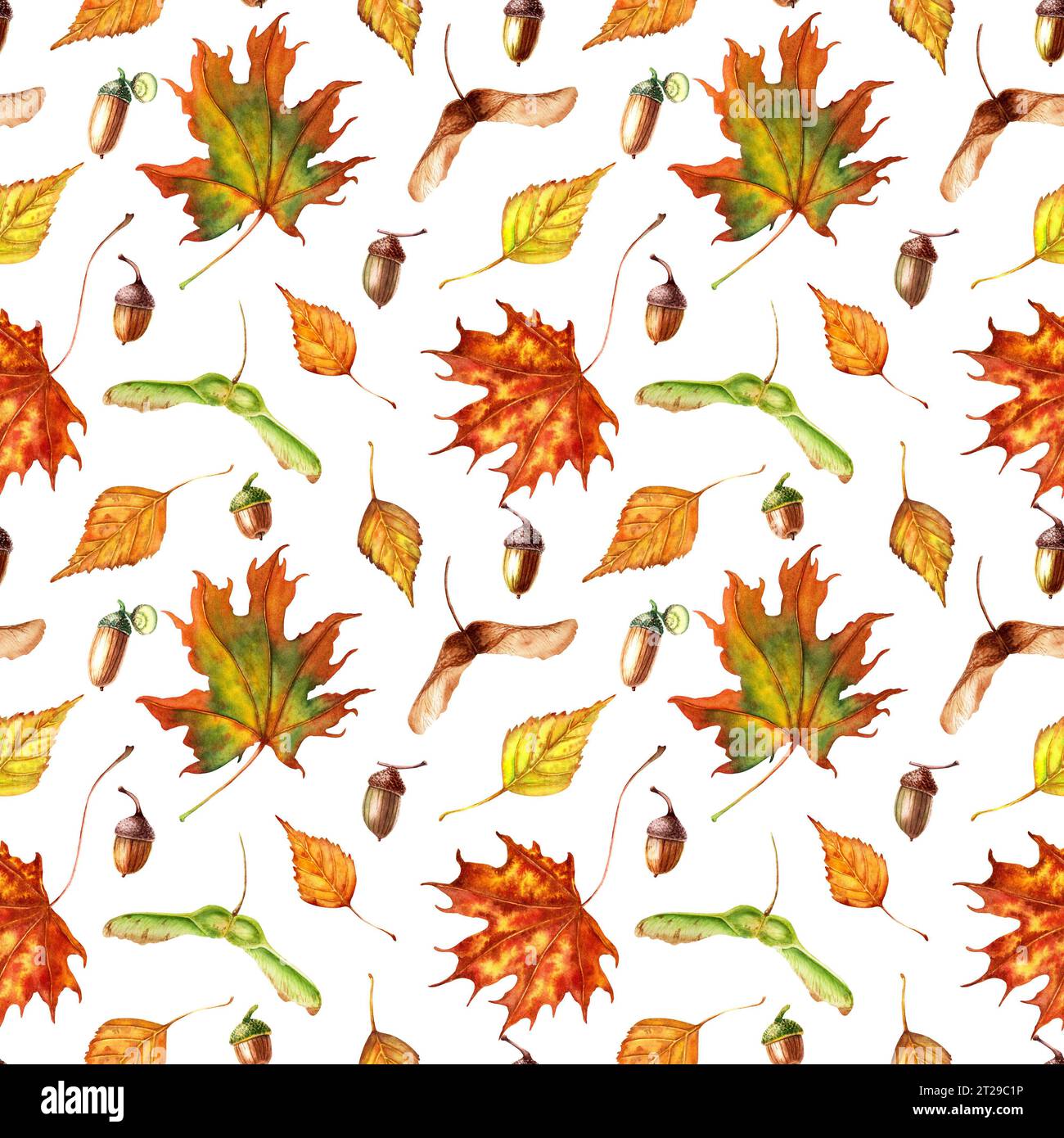 Watercolor seamless pattern with bright and colorful autumn leaves and ...