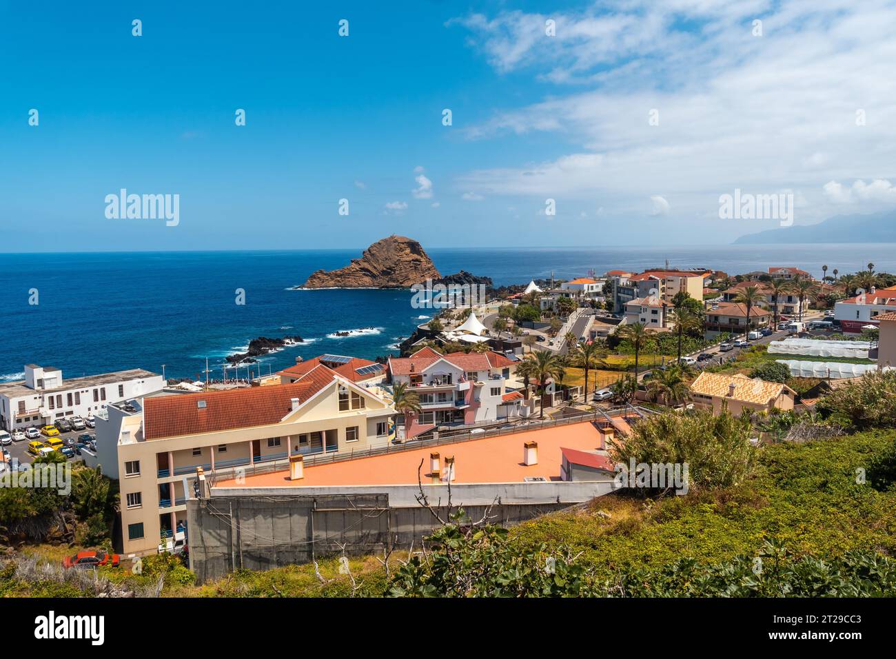 Aerial view of the coastal town of Porto Moniz famous for its natural pool, Madeira Stock Photo