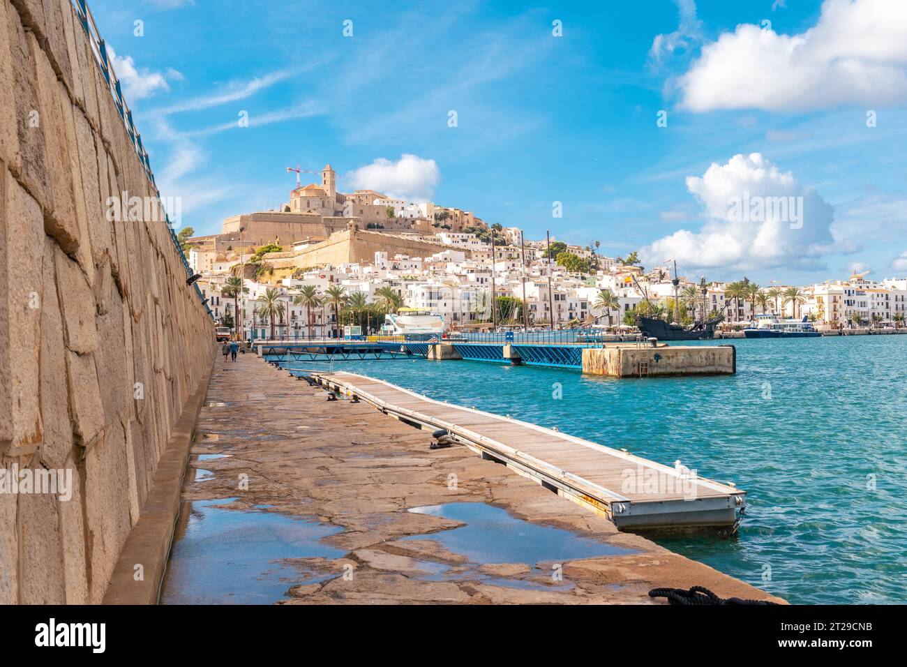 View of the wall of the coastal town of Ibiza on holiday from the lighthouse, Balearic Islands Stock Photo