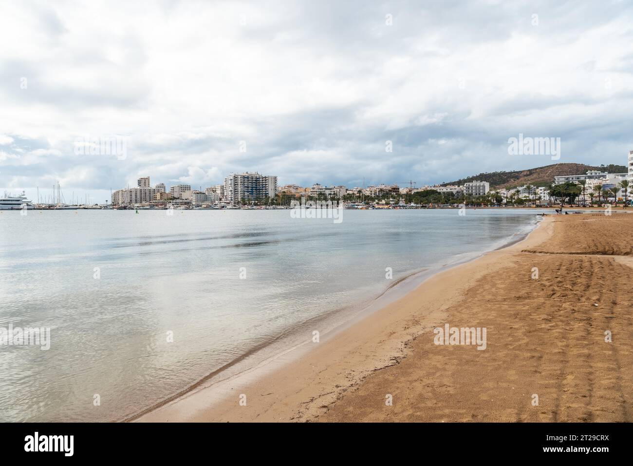 Beautiful Arenal beach in the coastal town of San Antonio Abad, Ibiza Island. Balearic Stock Photo