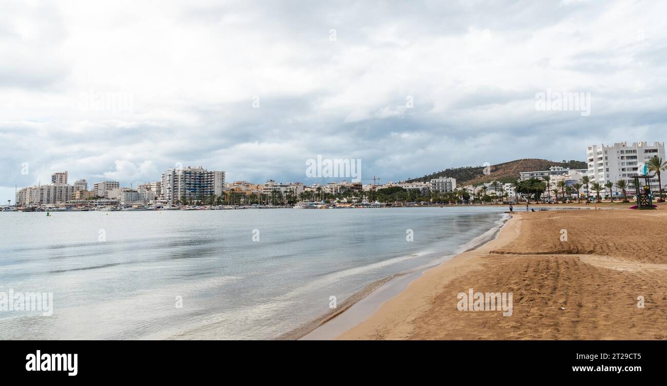 Panoramic view of the Arenal beach in the coastal town of San Antonio Abad, Ibiza Island. Balearic Stock Photo