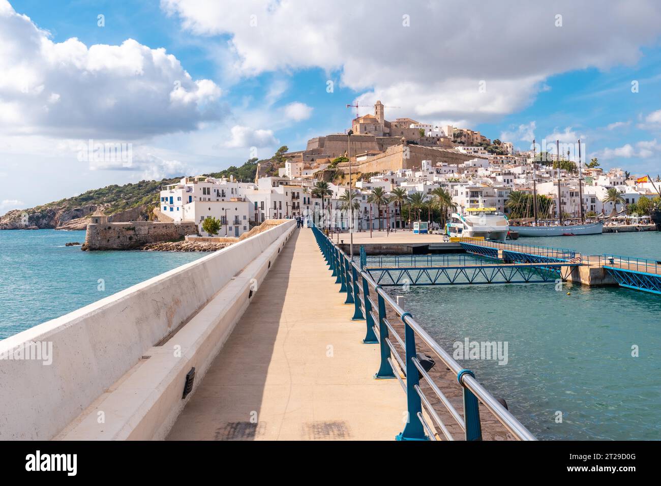 View of the wall of the coastal town of Ibiza on holiday from the lighthouse, Balearic Islands Stock Photo