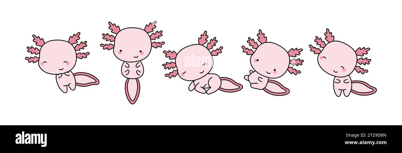 Set of Cartoon Isolated Axolotl. Set of Cute Kawaii Salamander in Funny Cartoon Style. Stock Vector