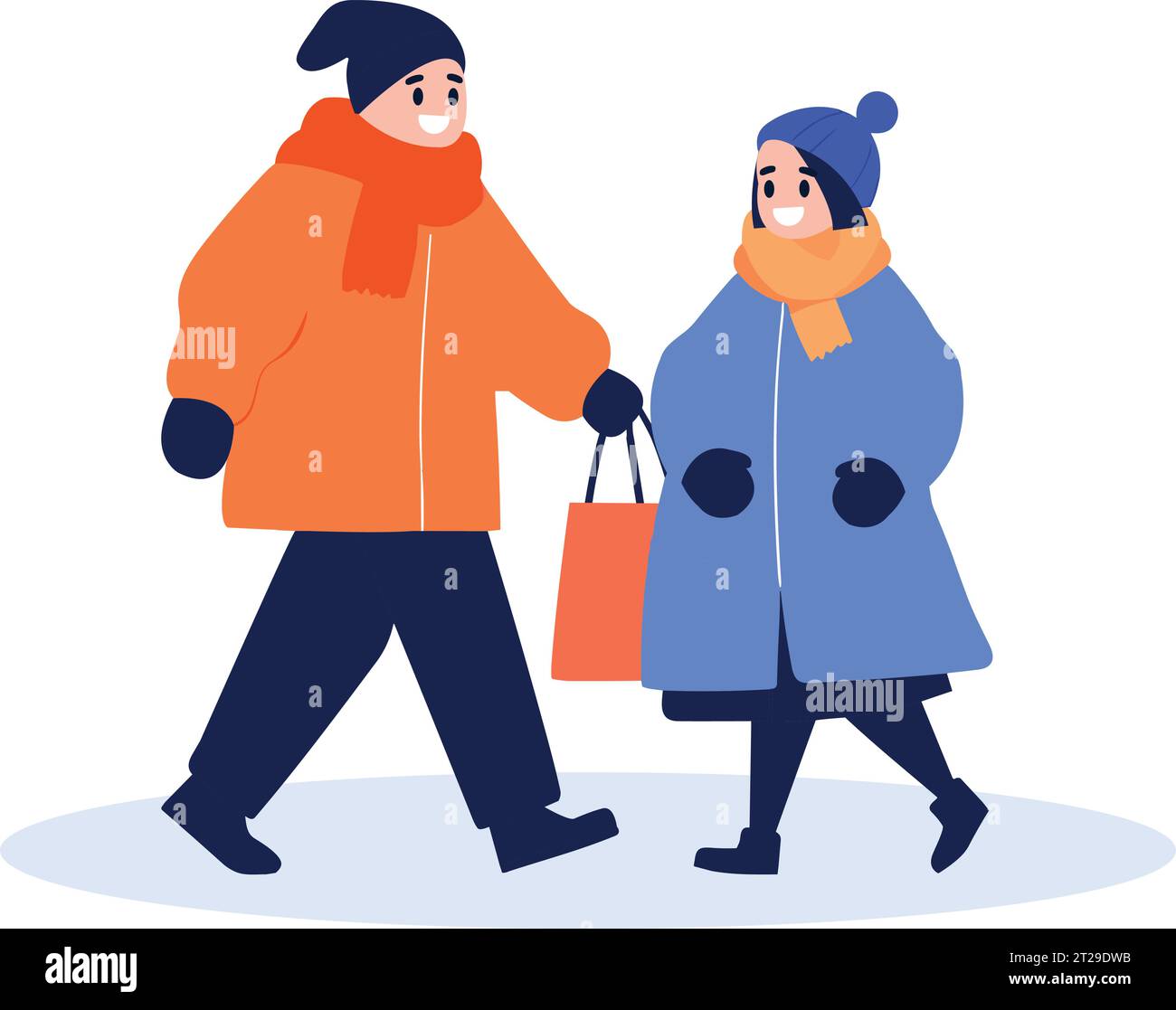 Hand Drawn couple wearing winter clothing walks on a path filled with ...