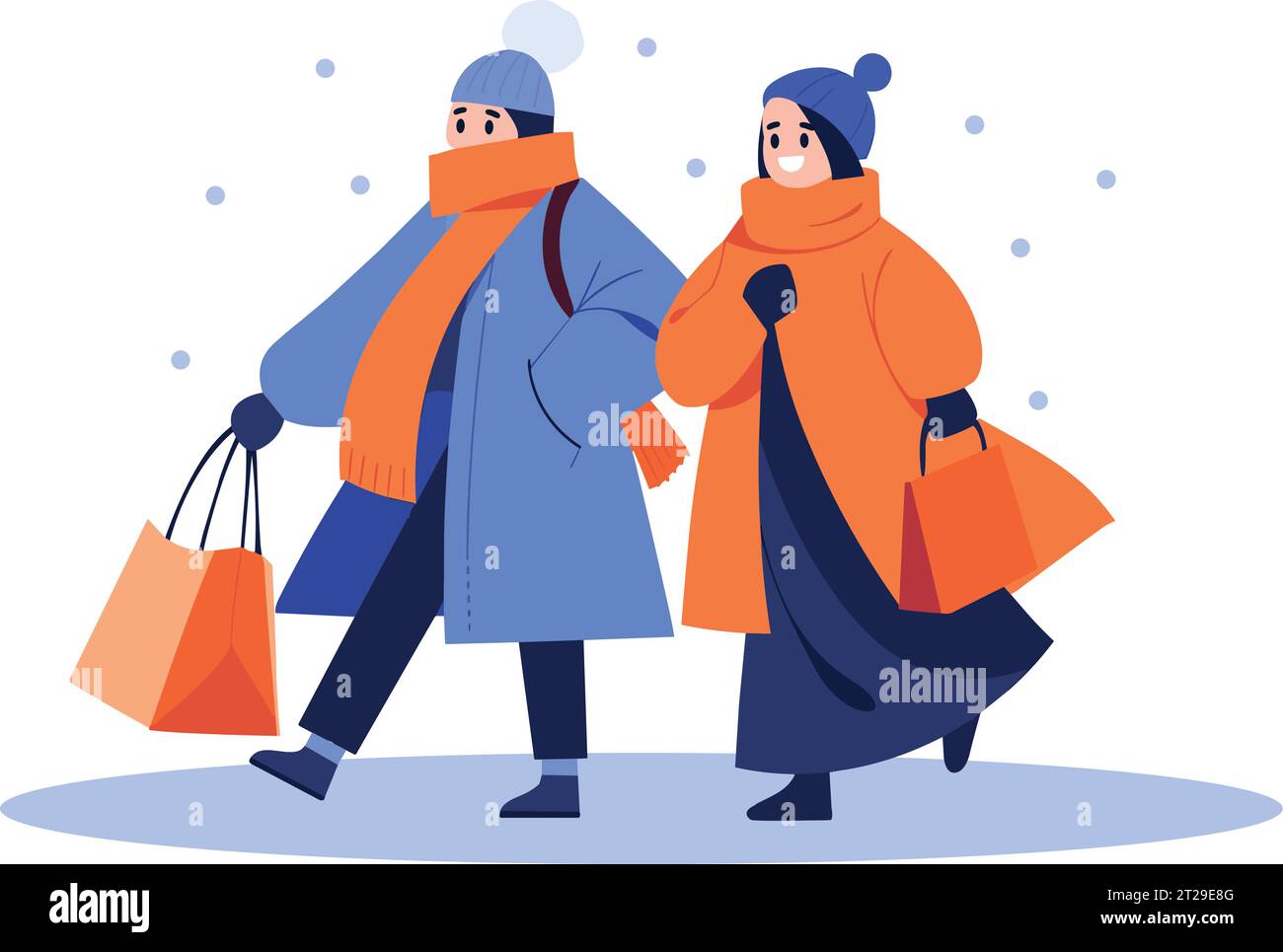 Hand Drawn couple wearing winter clothing walks on a path filled with ...