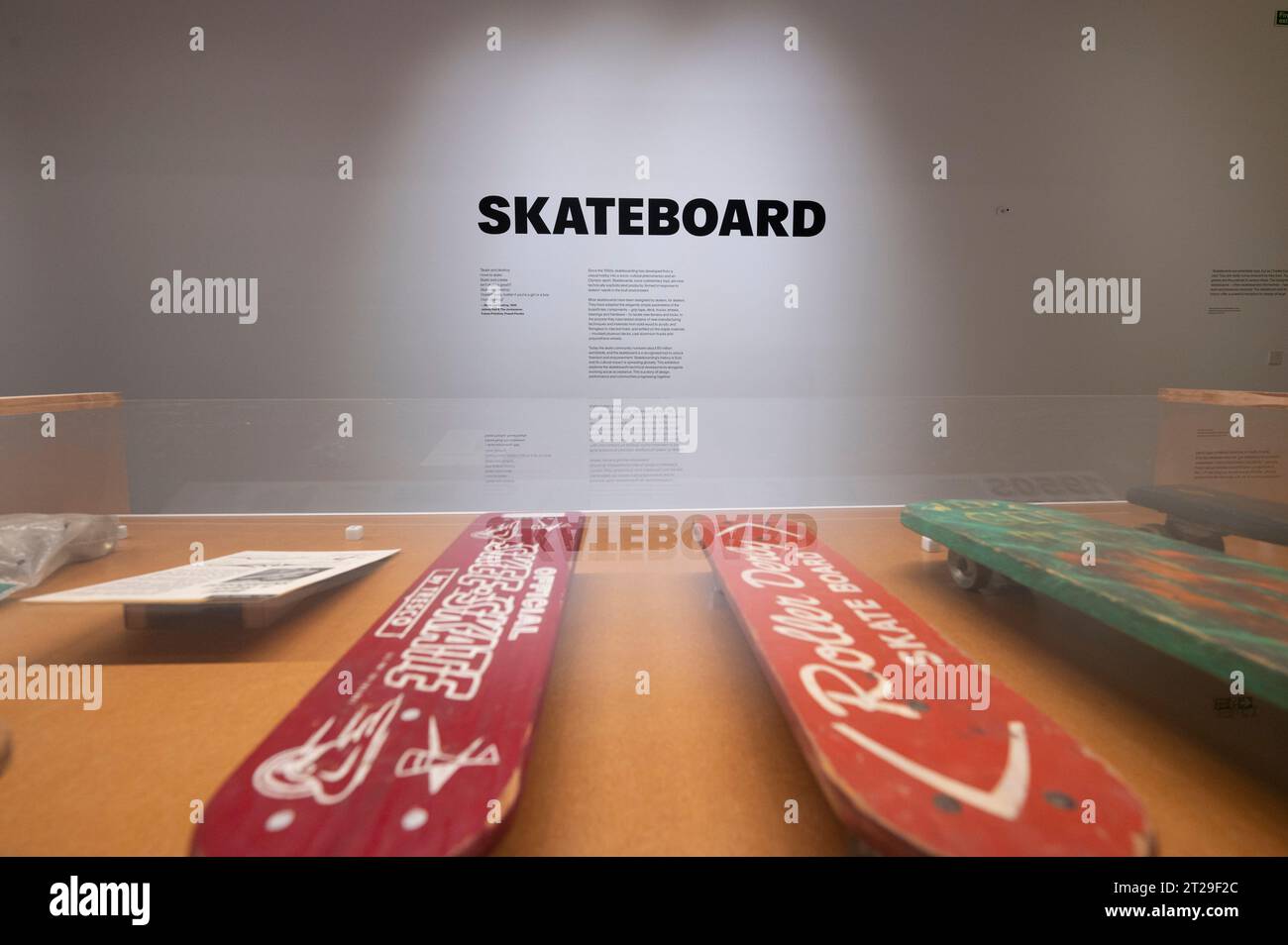 The Design Centre, London, UK. 18th Oct, 2023. The first major UK exhibition to map the design evolution of the Skateboard from the 1950s to today runs from 20 Oct 2023-2 June 2024. On display, over 90 rare and unique boards, alongside 150 other objects, with highlights including Tony Hawk’s and Sky Brown’s first professional boards. Unveiled on the day will be London's newest public skate ramp, built inside the exhibition gallery, is unveiled with members of the Converse CONS Skateboard Team Riders live skating. Credit: Malcolm Park/Alamy Live News Stock Photo