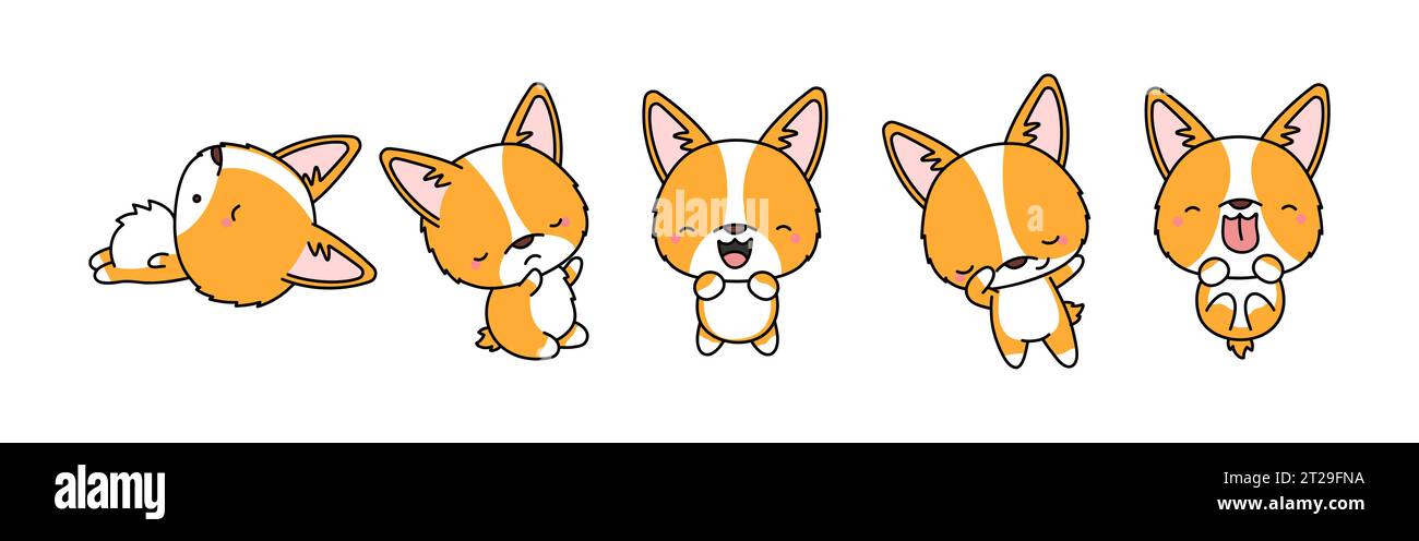 Set of Cartoon Isolated Welsh Corgi. Set of Cute Kawaii Corgi in Funny ...