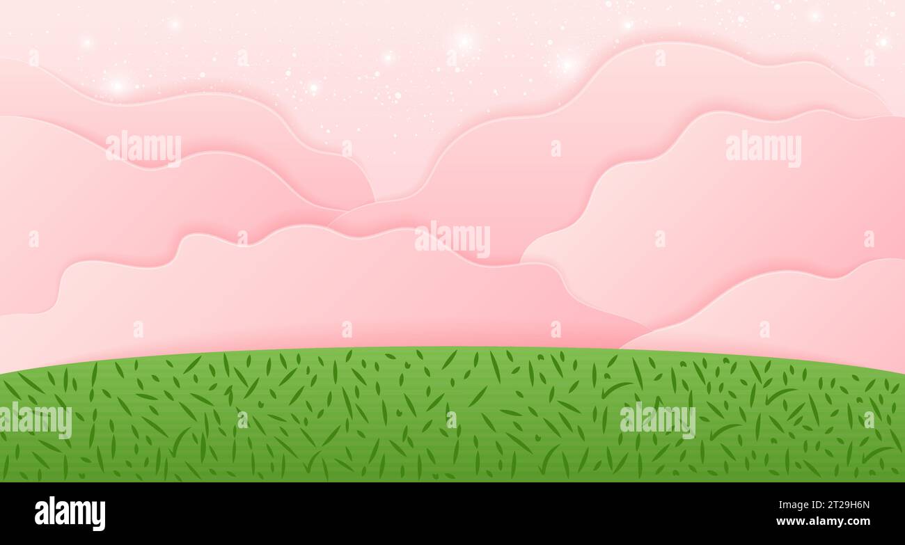 Cartoon nature background with field and clouds. Stock Vector