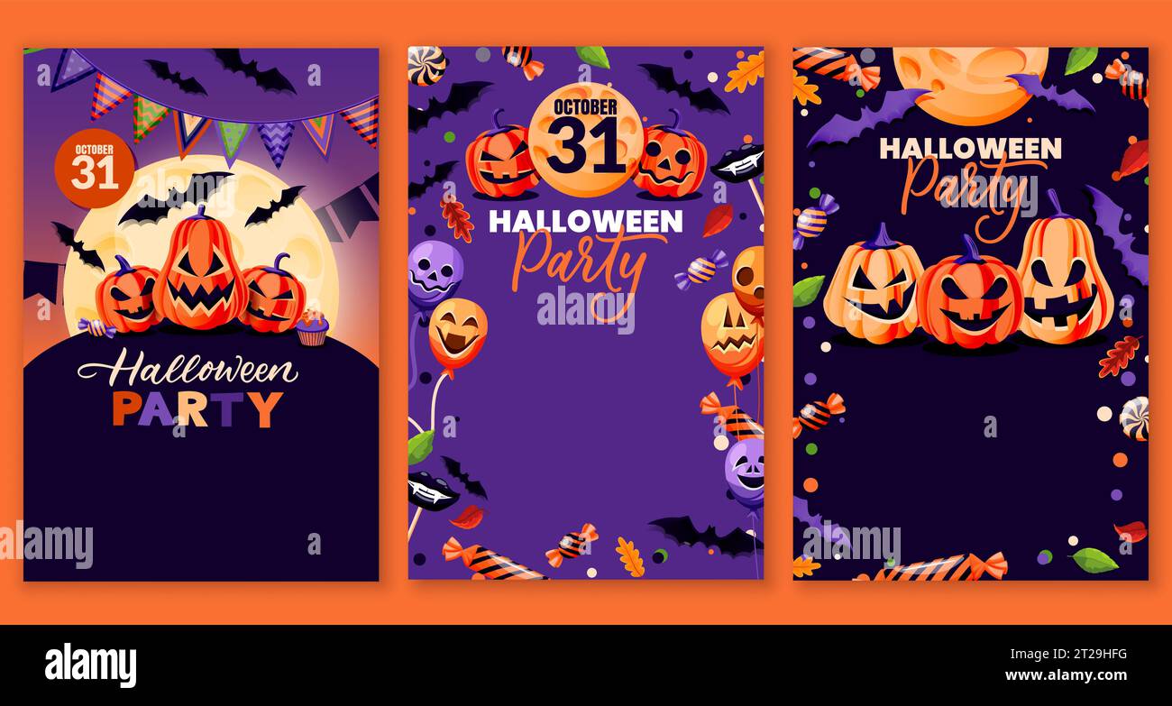 Halloween holiday poster, banner templates set. Party flyer invitation layout collection. Vector illustration. Night background with pumpkin lanterns, Stock Vector