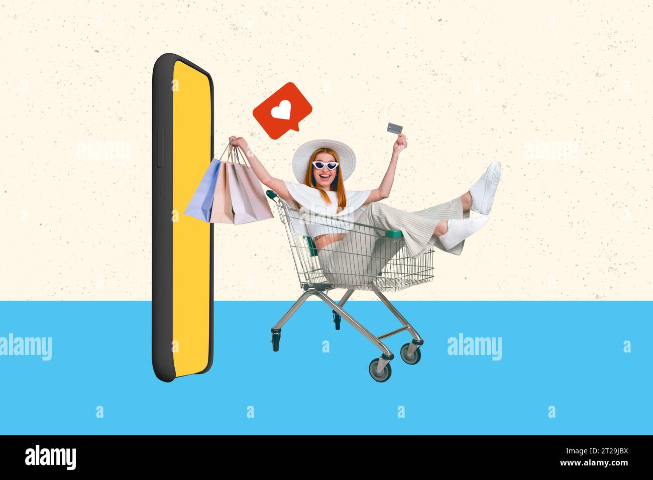 Composite photo collage of happy girl sit in shopping cart hold bags ...