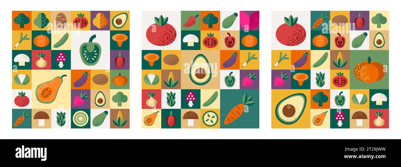 Abstract geometric Bauhaus patterns set with vegetables. Stock Vector