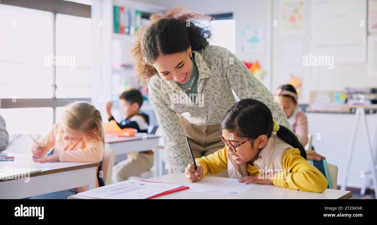 Teacher, girl and reading with question, book and classroom for education, question and mentorship for learning. Woman, development and student for Stock Photo