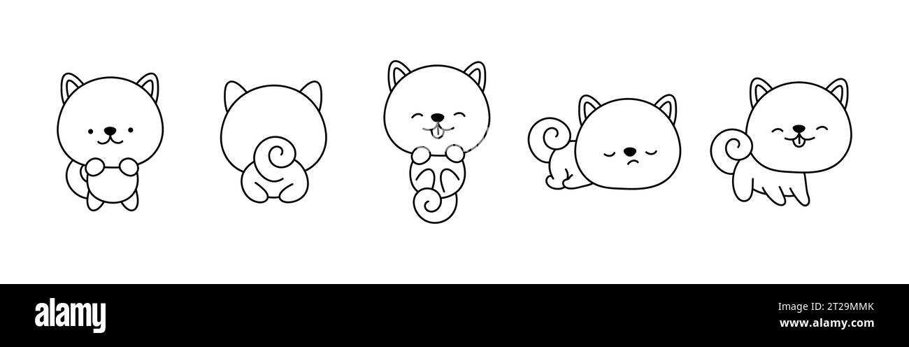 Set of Cartoon Isolated Shiba Inu Dog Coloring Page. Cute Vector Kawaii Shiba Inu Outline.  Stock Vector