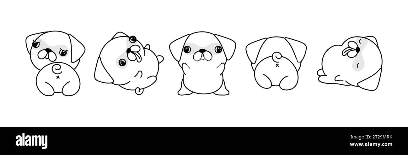 Set of Cartoon Isolated Pug Dog Coloring Page. Cute Vector Kawaii Pug Outline.  Stock Vector