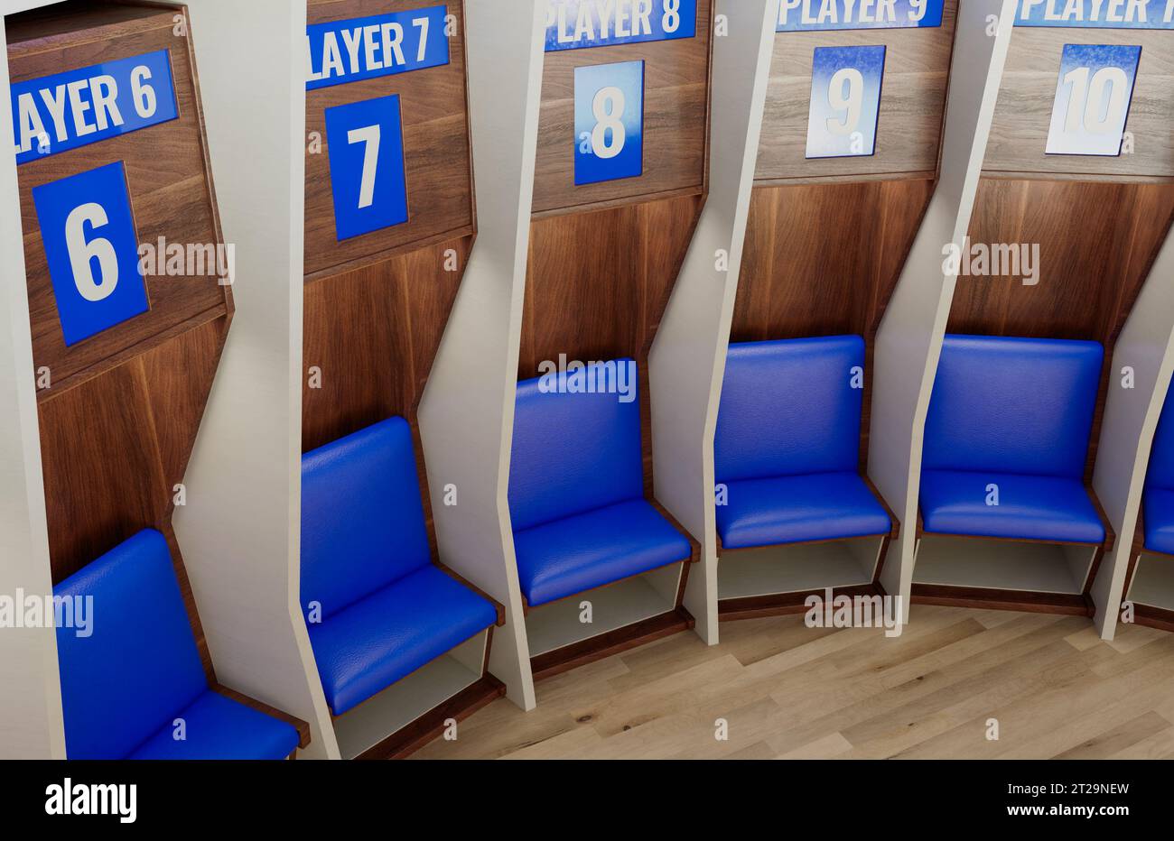 A sports locker room made of a semi circle of numbered cubicles and a ...