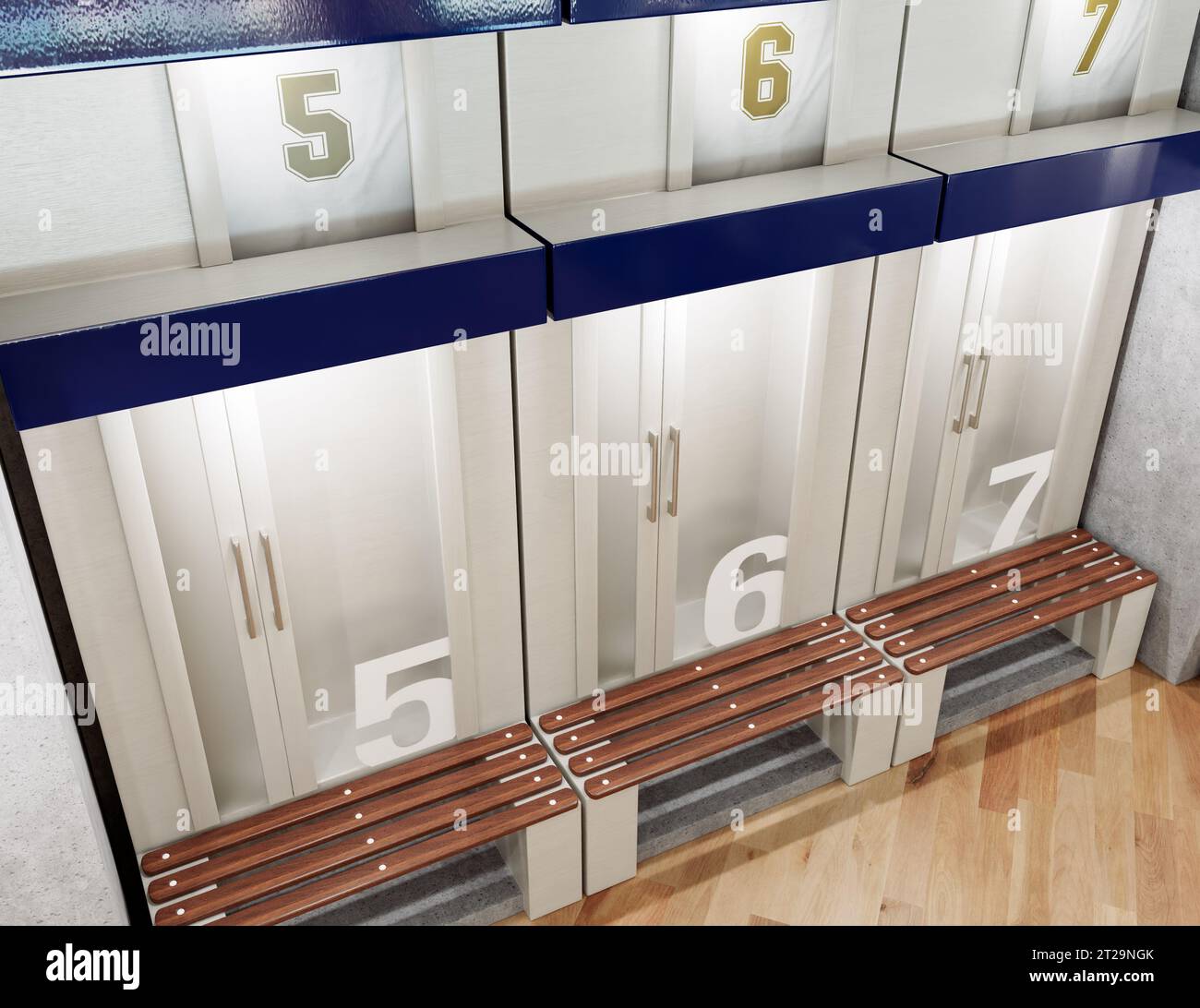 A sports locker room made of cubicles with cupboards numbered shirts a