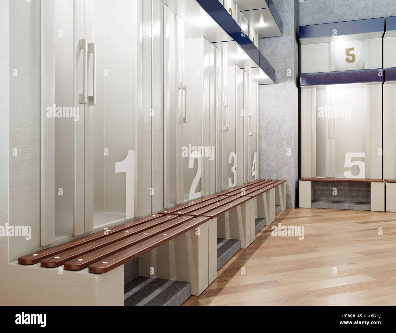 A sports locker room made of cubicles with cupboards numbered shirts a