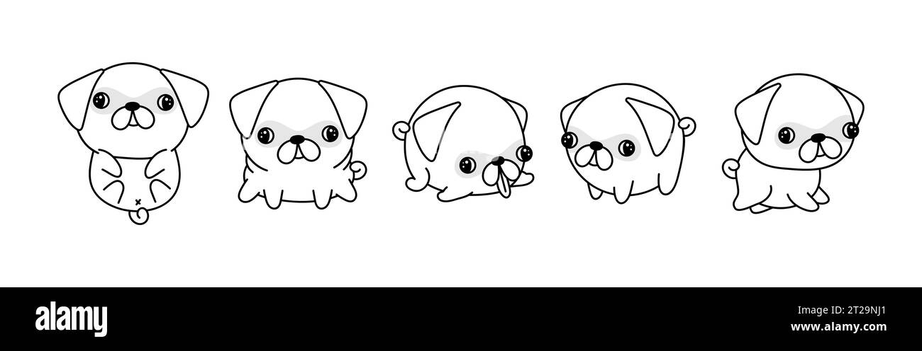 Set of Cartoon Isolated Pug Dog Coloring Page. Cute Vector Kawaii Pug Outline.  Stock Vector