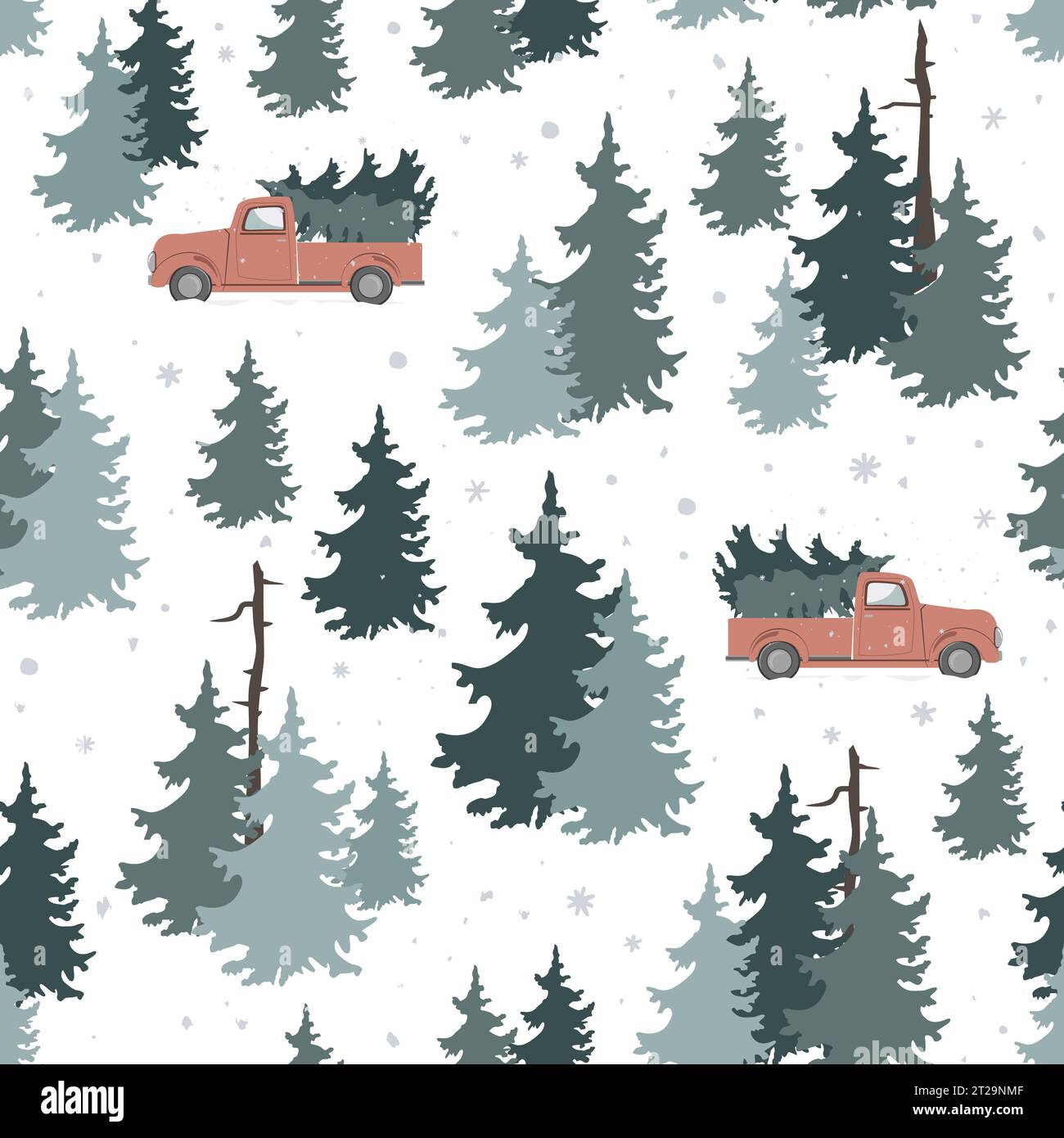 Christmas seamless pattern with red pickup truck with Christmas tree in