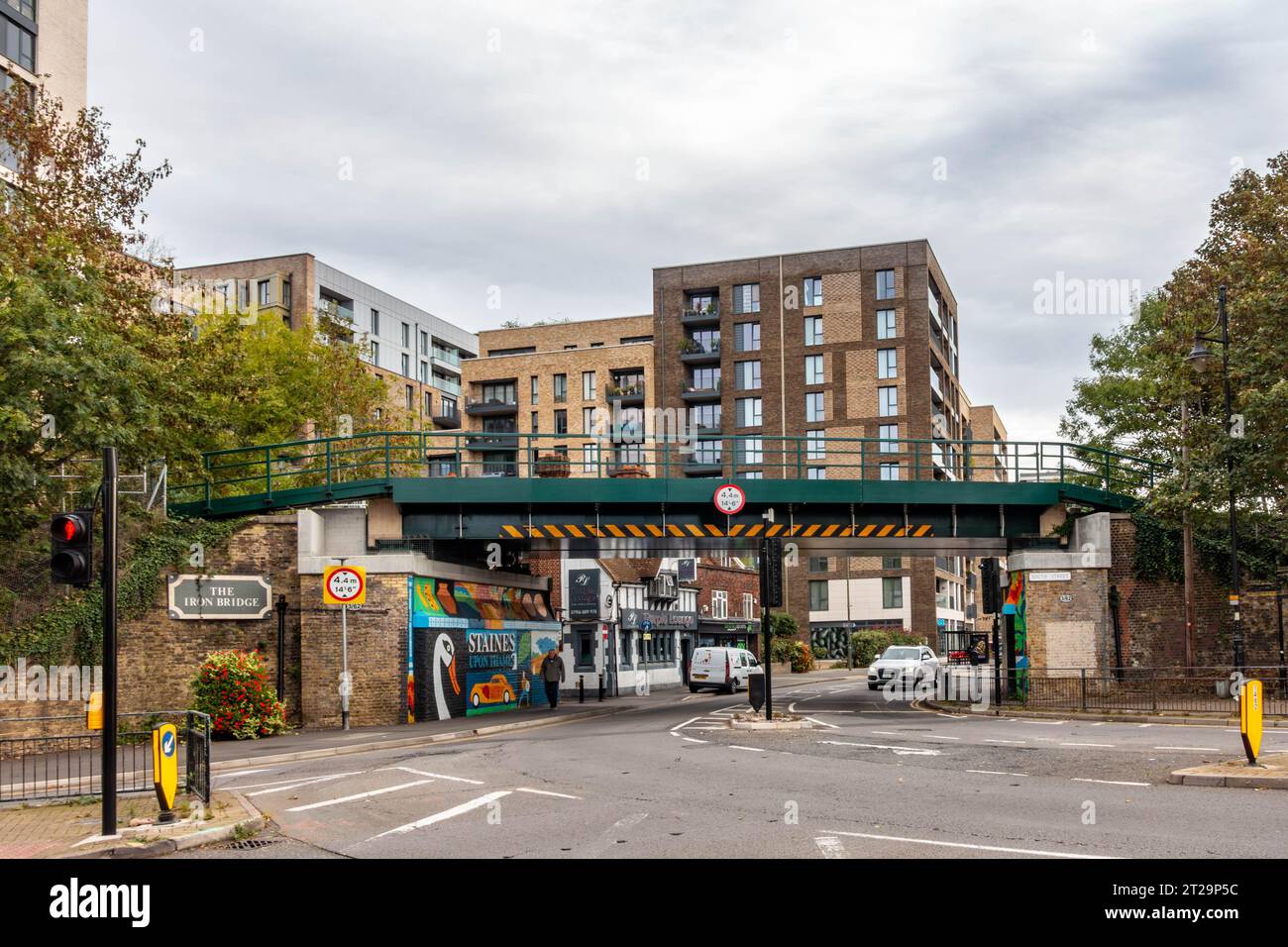 A view of the railway bridge at the end of The High Street in Staines