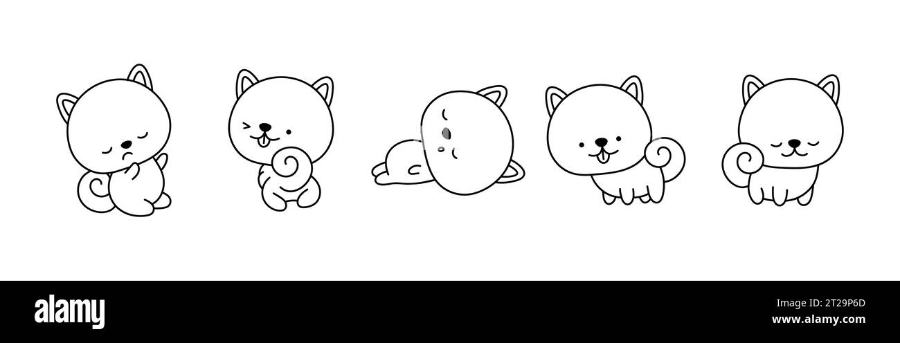 Set of Cartoon Isolated Shiba Inu Dog Coloring Page. Cute Vector Kawaii Shiba Inu Outline.  Stock Vector