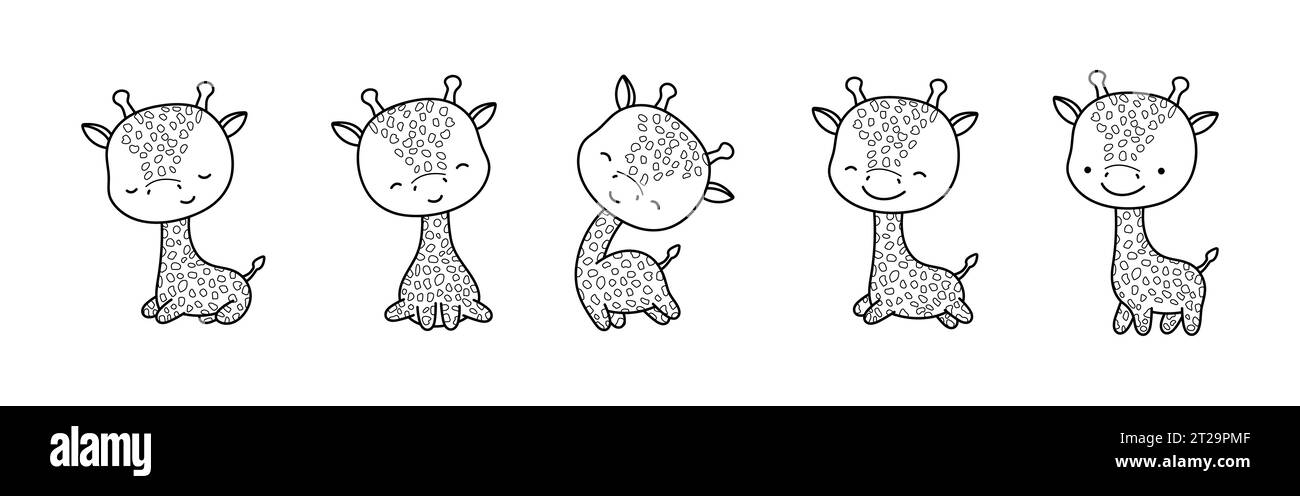 Set of Cartoon Isolated Giraffe Coloring Page. Cute Vector Kawaii Animals Outline. Stock Vector
