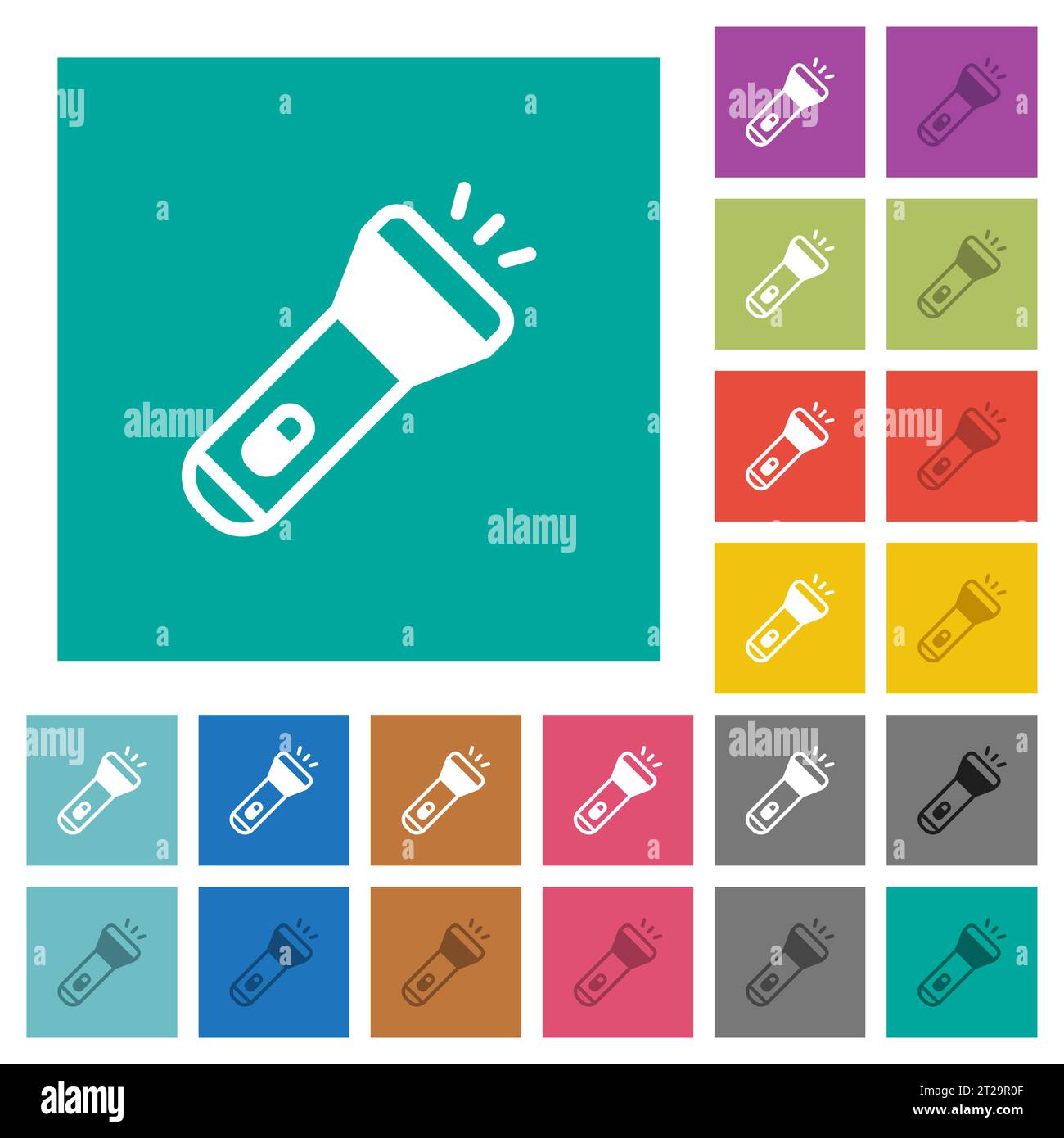Flashlight multi colored flat icons on plain square backgrounds. Included white and darker icon variations for hover or active effects. Stock Vector