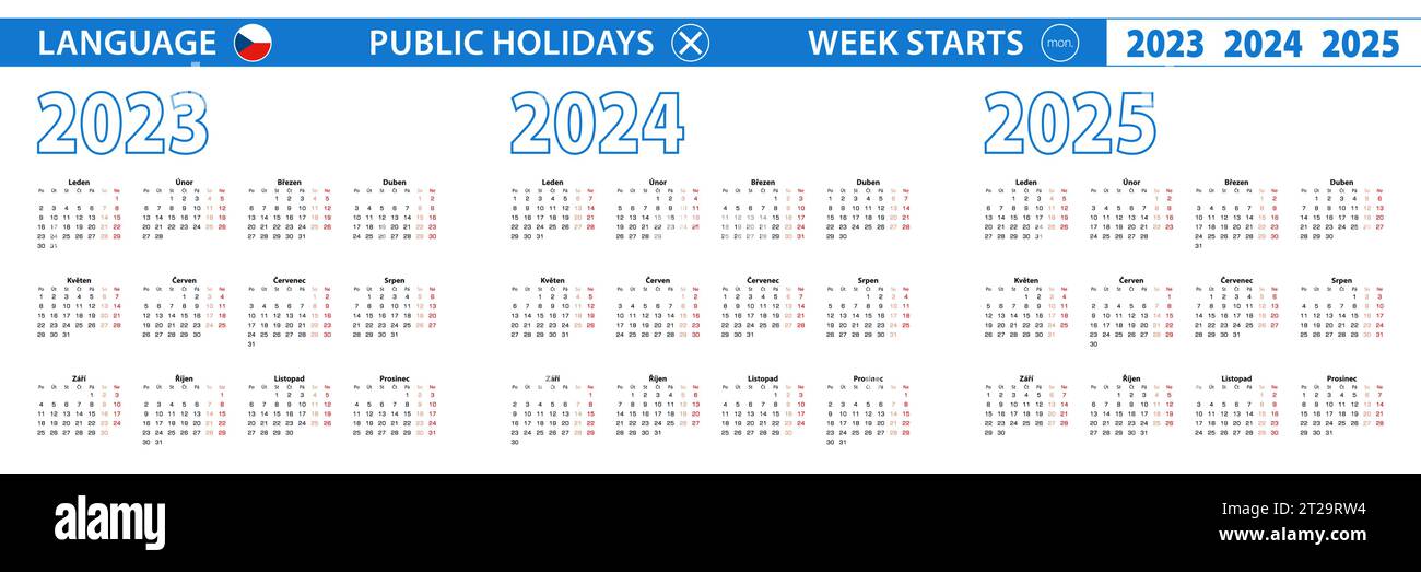 Simple calendar template in Czech for 2023, 2025, 2025 years. Week