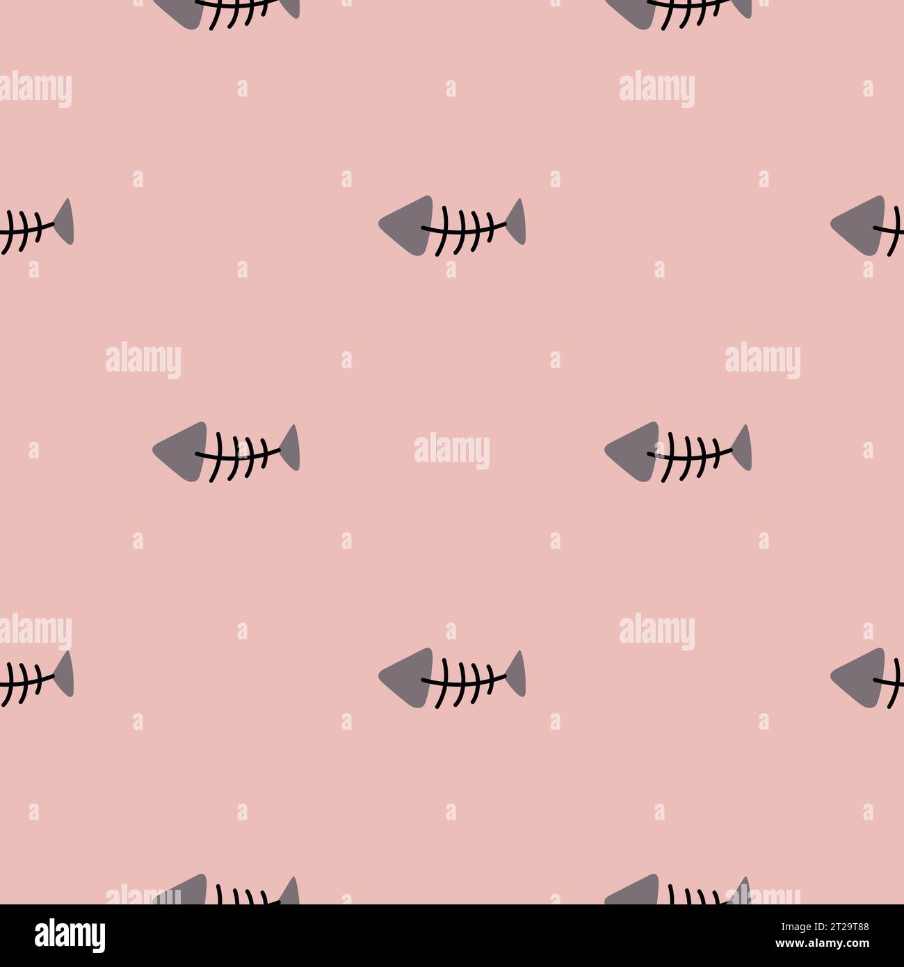 Hand drawn vector cat seamless pattern of funny cartoon fish bone, fish