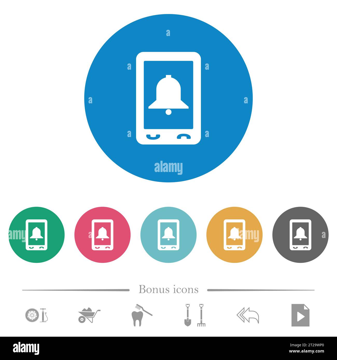 Mobile alarm flat white icons on round color backgrounds. 6 bonus icons ...
