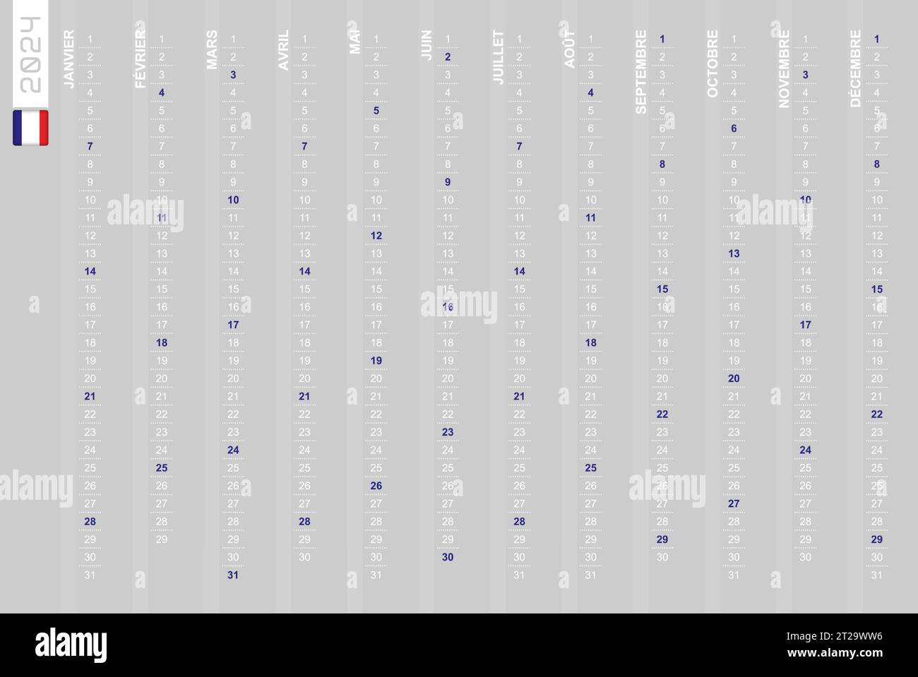 Onerow vertical calendar for the year 2024 in French. French calendar