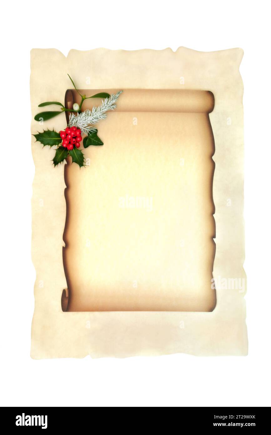 https://c8.alamy.com/comp/2T29WXK/christmas-paper-scroll-on-parchment-and-white-background-with-holly-mistletoe-ivy-and-fir-old-fashioned-retro-xmas-stationery-design-2T29WXK.jpg