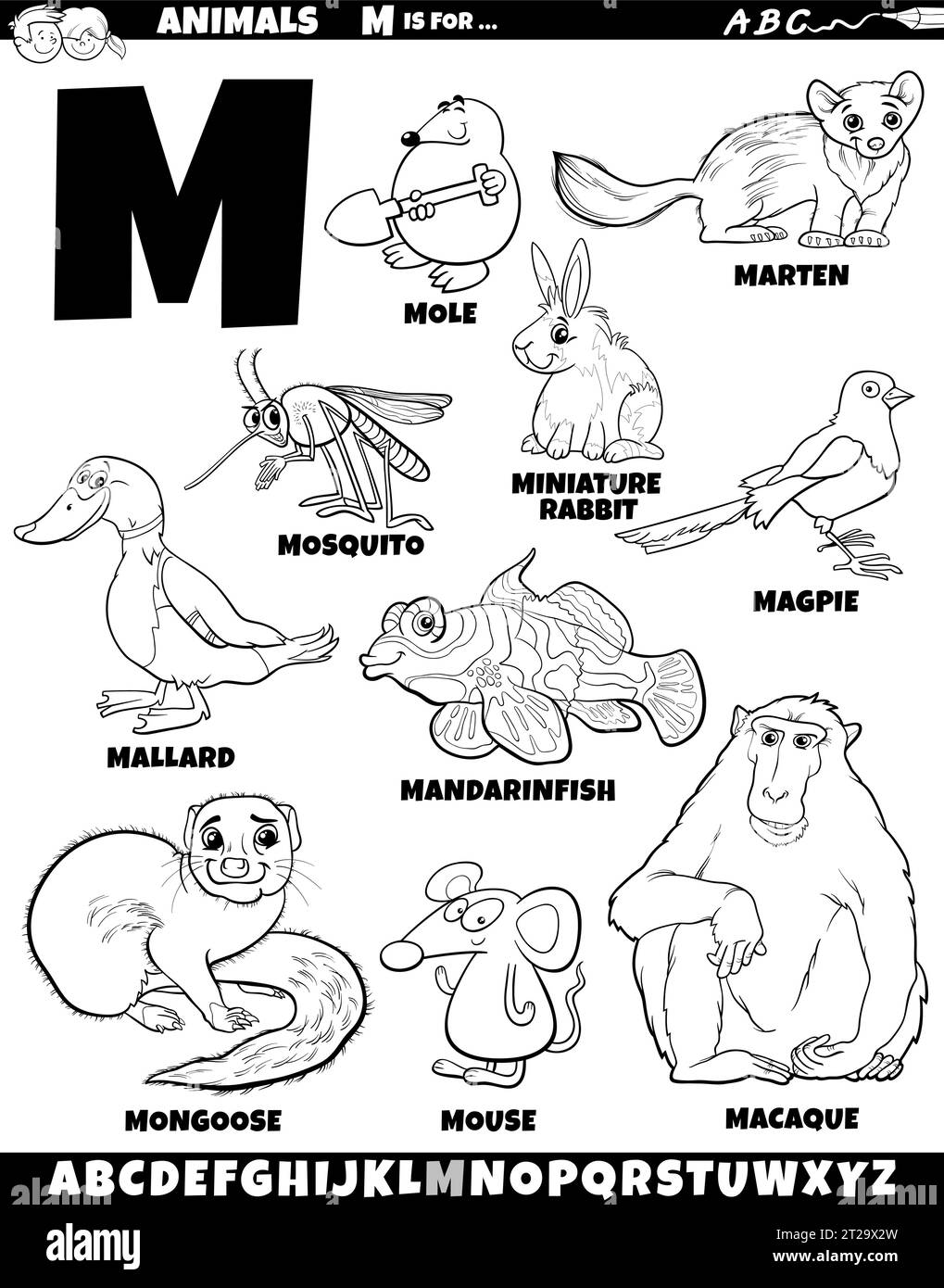 Cartoon illustration of animal characters set for letter M coloring page Stock Vector