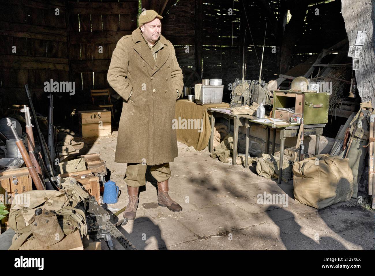 American soldier WW2 and USA army equipment store at a 1940s WW2 reenactment, Avoncroft Museum, Bromsgrove, England UK Stock Photo