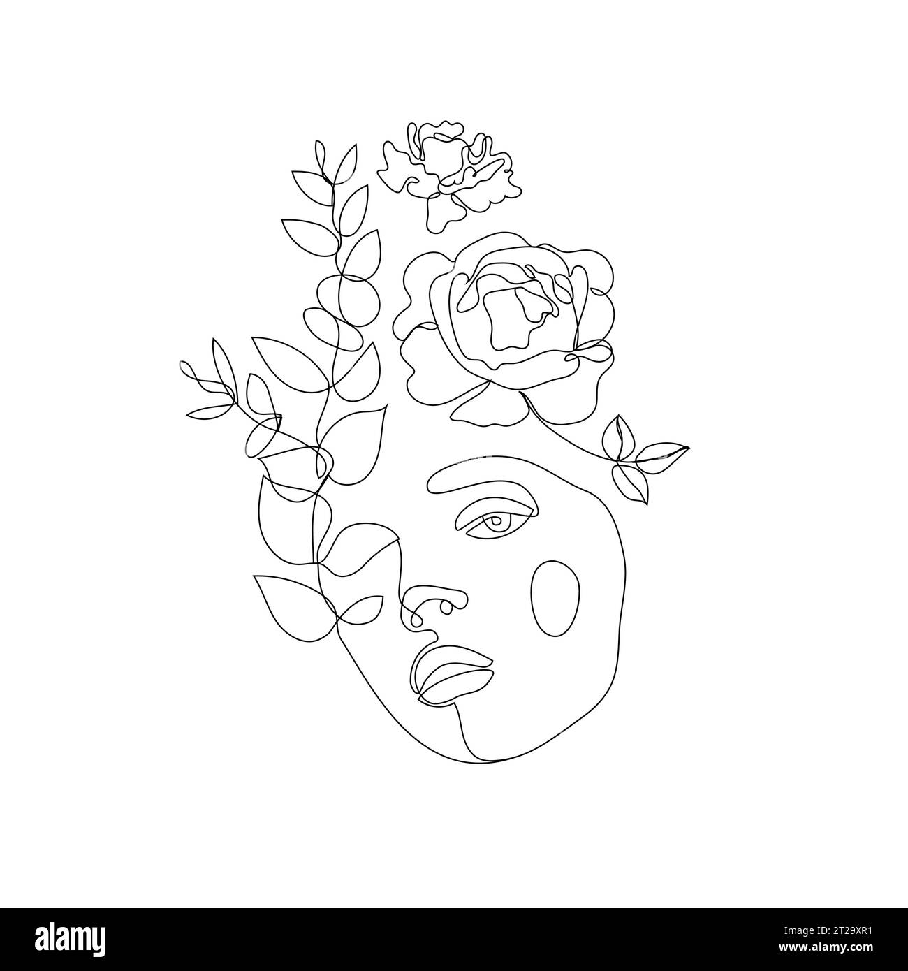 Vector woman face line art illustration, logo with flowers and leaves ...