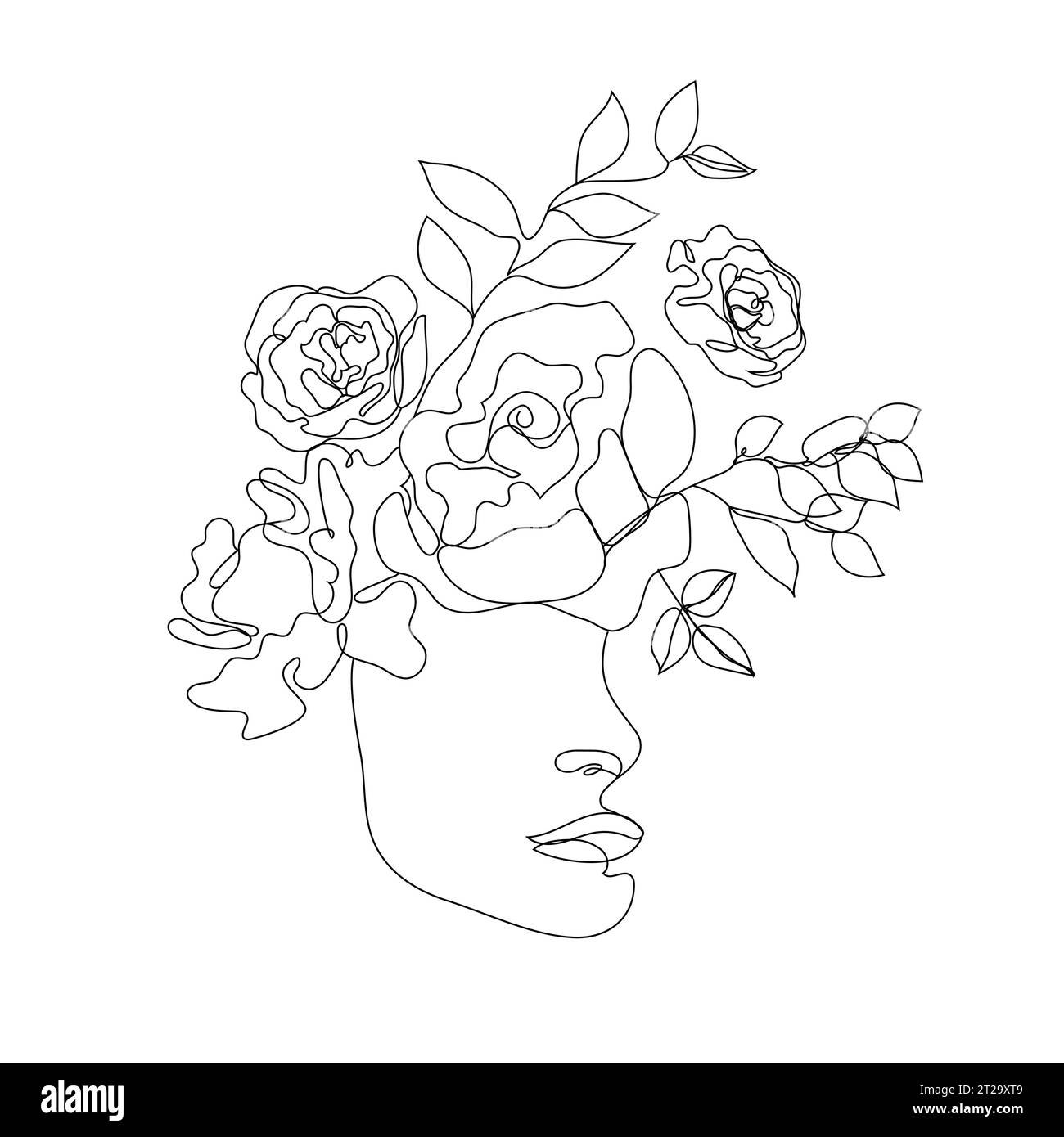 Vector woman face line art illustration, logo with flowers and leaves ...