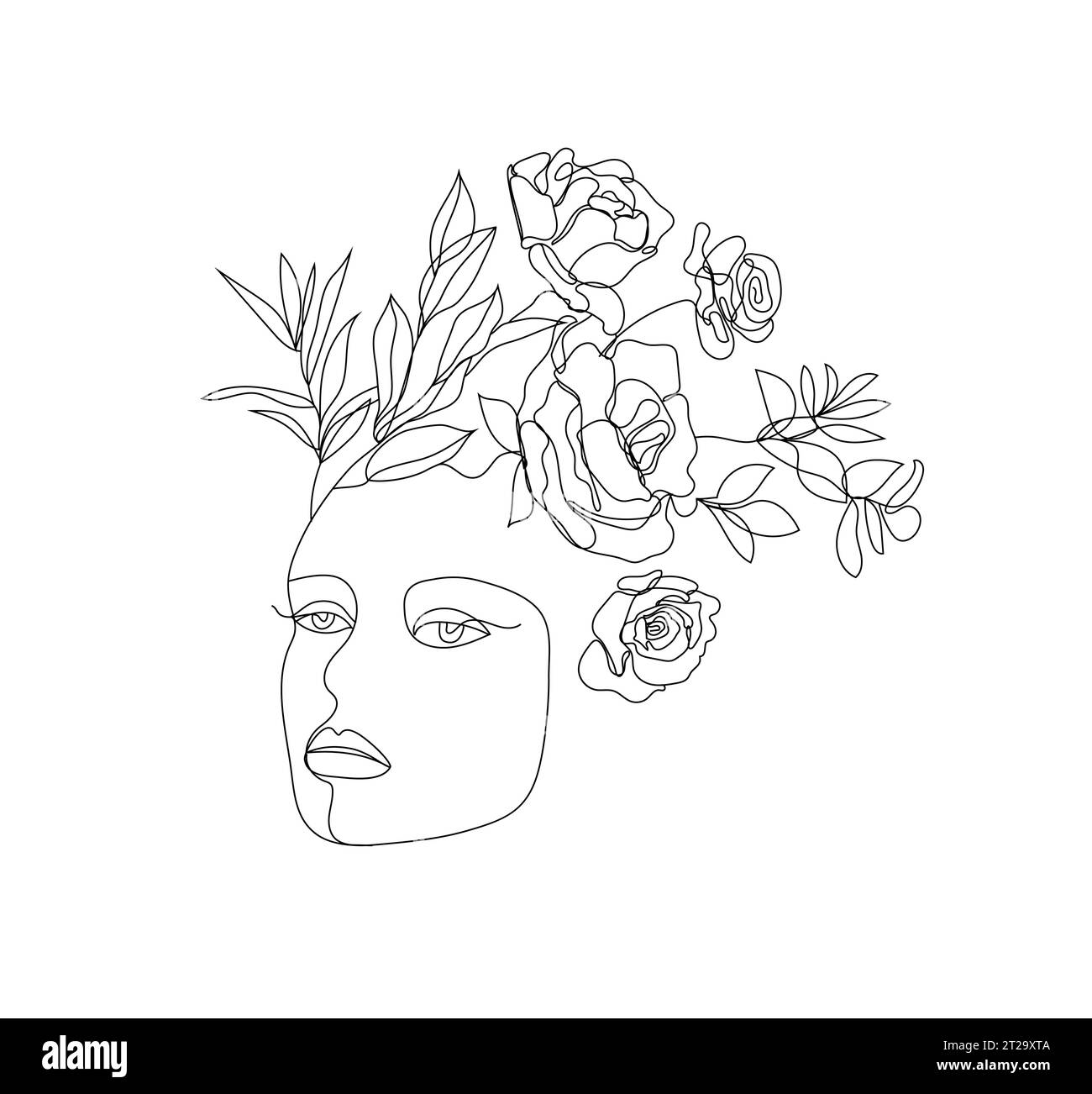Vector woman face line art illustration, logo with flowers and leaves ...