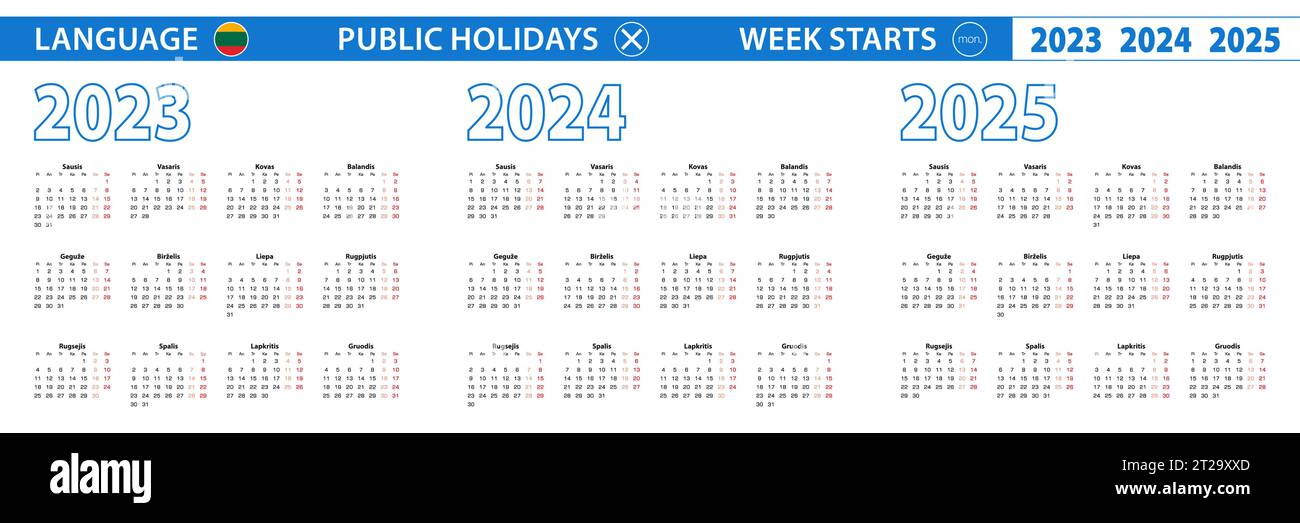 Simple calendar template in Lithuanian for 2023, 2024, 2025 years. Week